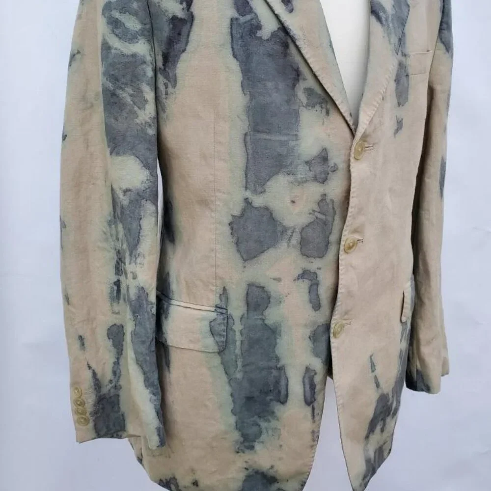 NEW linen Blazer tie dyed gray tan khaki green beige med large camo cowboy 40 42